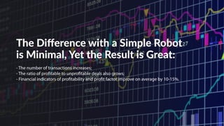The Difference with a Simple Robot
is Minimal, Yet the Result is Great:
- The number of transactions increases; 
- The ratio of profitable to unprofitable deals also grows; 
- Financial indicators of profitability and profit factor improve on average by 10-15%. 
 
