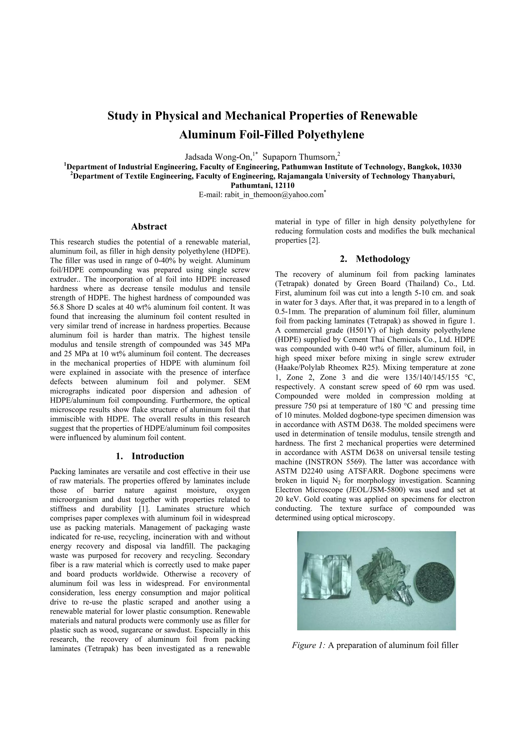 Study in Physical and Mechanical Properties of Renewable Aluminum Foil