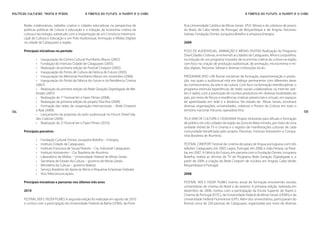 Políticas Culturais: teoria e práxis              A Fábrica do Futuro, a nuvem e o chão                                                A Fábrica do Futuro, a nuvem e o chão


       Redes colaborativas, trabalho criativo e cidades educadoras na perspectiva de      fícia Universidade Católica de Minas Gerais (PUC Minas) e de coletivos de jovens
       políticas públicas de cultura e educação e a indução da economia criativa da       do Brasil, de Cabo Verde, de Portugal, de Moçambique e de Angola. Parcerias:
       cultura e tecnologia, sobretudo com a implantação de um Consórcio Intermuni-       Sebrae, Fundação Ormeo Junqueira Botelho e empresa Energisa.
       cipal de Cultura e Educação e um Polo Audiovisual, Animação e Mídias Digitais
       na cidade de Cataguases e região.                                                  2009

       Principais iniciativas no período                                                  POLO DE AUDIOVISUAL, ANIMAÇÃO E MÍDIAS DIGITAIS Realização do Programa
                                                                                          DiverCidades Criativas, envolvendo as cidades de Cataguases, Miraí e Leopoldina,
               • Inauguração do Centro Cultural Humberto Mauro (2002).                    na indução de um programa inovador de economia criativa da cultura na região
               • Fundação do Instituto Cidade de Cataguases (2003).                       com foco na criação de produção audiovisual, de animação, microcinema e mí-
               • Realização da primeira edição do Festival Cineport (2005).               dias digitais. Parcerias: Sebrae e diversas instituições locais.
               • Inauguração do Ponto de Cultura da Fábrica do Futuro (2005).
               • Inauguração do Memorial Humberto Mauro em novembro (2006).               PROGRAMA VIVO LAB Reúne iniciativas de formação, experimentação e produ-
               • Inauguração do Portal da Fábrica do Futuro e da Residência Criativa      ção, nas quais o audiovisual está em diálogo permanente com diferentes áreas
               (2007).                                                                    do conhecimento, da arte e da cultura. Com foco na formação interdisciplinar, o
               • Realização da primeira edição da Rede Geração Digitaligada de We-        programa estimula experiências de redes sociais colaborativas na internet (we-
               bvisão (2007).                                                             btv e rádio), com a promoção de núcleos produtivos em diversas localidades do
               • Realização do 1o Festival Ver e Fazer Filmes (2008).                     país, por meio de fóruns e residências criativas presenciais e virtuais, em espaços
               • Realização da primeira edição do projeto Tela Viva (2009).               de aprendizado em rede e a distância. No estado de Minas Gerais, envolverá
               • Formação das redes de cooperação internacionais – Rede Cineport          diversas organizações, universidades, coletivos e Pontos de Cultura em todo o
134            e Raia (2009).                                                             território nacional. Parceria: operadora Vivo.                                        135
               • Lançamento da proposta do polo audiovisual no Fórum DiverCida-
               des Criativas (2009).                                                      TELA VIVA DE CULTURA E CIDADANIA Projeto itinerante para difusão e formação
               • Realização do 2o Festival Ver e Fazer Filmes (2010).                     de público em oito cidades da região da Zona da Mata mineira, por meio de uma
                                                                                          unidade móvel de TV e cinema e o registro de manifestações culturais de cada
       Principais parceiros                                                               comunidade beneficiada pelo projeto. Parcerias: Instituto Votorantim e Compa-
                                                                                          nhia Brasileira de Alumínio.
               •   Fundação Cultural Ormeo Junqueira Botelho – Energisa.
               •   Instituto Cidade de Cataguases.                                        FESTIVAL CINEPORT Festival de cinema de países de língua portuguesa com três
               •   Instituto Francisca de Souza Peixoto – Cia. Industrial Cataguases.     edições: Cataguases, em 2005; Lagos, Portugal, em 2006; e João Pessoa, na Paraí-
               •   Instituto Votorantim – Cia. Brasileira de Alumínio.                    ba, em 2007. A Fábrica do Futuro, em parceria com a Fundação Ormeo Junqueira
               •   Laboratório de Mídias – Universidade Federal de Minas Gerais.          Botelho, realiza as oficinas de TV do Programa Rede Geração Digitaligada e, a
               •   Secretaria de Estado da Cultura – governo de Minas Gerais.             partir de 2009, a criação da Rede Cineport de núcleos em Angola, Cabo Verde,
               •   Ministério da Cultura – governo federal.                               Moçambique e Portugal.
               •   Serviço Brasileiro de Apoio às Micro e Pequenas Empresas (Sebrae).
               •   Vivo Telecomunicações.                                                 2008

       Principais iniciativas e parcerias nos últimos três anos                           FESTIVAL VER E FAZER FILMES Evento anual de formação envolvendo escolas
                                                                                          universitárias de cinema do Brasil e do exterior. A primeira edição, realizada em
       2010                                                                               dezembro de 2008, contou com a participação da Escola Superior de Teatro e
                                                                                          Cinema de Portugal (ESTC), da Universidade Federal de Minas Gerais (UFMG) e da
       FESTIVAL VER E FAZER FILMES A segunda edição foi realizada em agosto de 2010       Universidade Federal Fluminense (UFF). Além dos universitários, participaram do
       e contou com a participação da Universidade Federal da Bahia (UFBA), da Ponti-     festival cerca de 250 pessoas de Cataguases, organizadas por meio de diversas
 