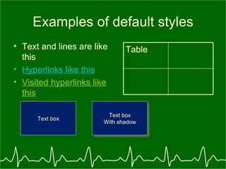 Examples of default styles Text and lines are like this Hyperlinks like this Visited hyperlinks like this Text box Text box With shadow Table 