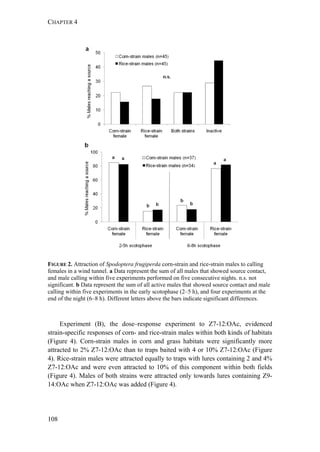 CHAPTER 4
108
FIGURE 2. Attraction of Spodoptera frugiperda corn-strain and rice-strain males to calling
females in a wind tunnel. a Data represent the sum of all males that showed source contact,
and male calling within five experiments performed on five consecutive nights. n.s. not
significant. b Data represent the sum of all active males that showed source contact and male
calling within five experiments in the early scotophase (2–5 h), and four experiments at the
end of the night (6–8 h). Different letters above the bars indicate significant differences.
Experiment (B), the dose–response experiment to Z7-12:OAc, evidenced
strain-specific responses of corn- and rice-strain males within both kinds of habitats
(Figure 4). Corn-strain males in corn and grass habitats were significantly more
attracted to 2% Z7-12:OAc than to traps baited with 4 or 10% Z7-12:OAc (Figure
4). Rice-strain males were attracted equally to traps with lures containing 2 and 4%
Z7-12:OAc and were even attracted to 10% of this component within both fields
(Figure 4). Males of both strains were attracted only towards lures containing Z9-
14:OAc when Z7-12:OAc was added (Figure 4).
 