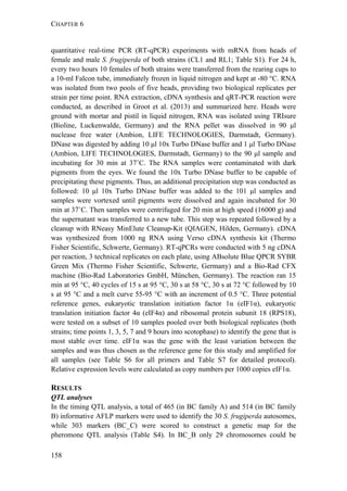 CHAPTER 6
158
quantitative real-time PCR (RT-qPCR) experiments with mRNA from heads of
female and male S. frugiperda of both strains (CL1 and RL1; Table S1). For 24 h,
every two hours 10 females of both strains were transferred from the rearing cups to
a 10-ml Falcon tube, immediately frozen in liquid nitrogen and kept at -80 °C. RNA
was isolated from two pools of five heads, providing two biological replicates per
strain per time point. RNA extraction, cDNA synthesis and qRT-PCR reaction were
conducted, as described in Groot et al. (2013) and summarized here. Heads were
ground with mortar and pistil in liquid nitrogen, RNA was isolated using TRIsure
(Bioline, Luckenwalde, Germany) and the RNA pellet was dissolved in 90 μl
nuclease free water (Ambion, LIFE TECHNOLOGIES, Darmstadt, Germany).
DNase was digested by adding 10 μl 10x Turbo DNase buffer and 1 μl Turbo DNase
(Ambion, LIFE TECHNOLOGIES, Darmstadt, Germany) to the 90 μl sample and
incubating for 30 min at 37˚C. The RNA samples were contaminated with dark
pigments from the eyes. We found the 10x Turbo DNase buffer to be capable of
precipitating these pigments. Thus, an additional precipitation step was conducted as
followed: 10 μl 10x Turbo DNase buffer was added to the 101 μl samples and
samples were vortexed until pigments were dissolved and again incubated for 30
min at 37˚C. Then samples were centrifuged for 20 min at high speed (16000 g) and
the supernatant was transferred to a new tube. This step was repeated followed by a
cleanup with RNeasy MinElute Cleanup-Kit (QIAGEN, Hilden, Germany). cDNA
was synthesized from 1000 ng RNA using Verso cDNA synthesis kit (Thermo
Fisher Scientific, Schwerte, Germany). RT-qPCRs were conducted with 5 ng cDNA
per reaction, 3 technical replicates on each plate, using ABsolute Blue QPCR SYBR
Green Mix (Thermo Fisher Scientific, Schwerte, Germany) and a Bio-Rad CFX
machine (Bio-Rad Laboratories GmbH, München, Germany). The reaction ran 15
min at 95 °C, 40 cycles of 15 s at 95 °C, 30 s at 58 °C, 30 s at 72 °C followed by 10
s at 95 °C and a melt curve 55-95 °C with an increment of 0.5 °C. Three potential
reference genes, eukaryotic translation initiation factor 1α (eIF1α), eukaryotic
translation initiation factor 4α (eIF4α) and ribosomal protein subunit 18 (RPS18),
were tested on a subset of 10 samples pooled over both biological replicates (both
strains; time points 1, 3, 5, 7 and 9 hours into scotophase) to identify the gene that is
most stable over time. eIF1α was the gene with the least variation between the
samples and was thus chosen as the reference gene for this study and amplified for
all samples (see Table S6 for all primers and Table S7 for detailed protocol).
Relative expression levels were calculated as copy numbers per 1000 copies eIF1α.
RESULTS
QTL analyses
In the timing QTL analysis, a total of 465 (in BC family A) and 514 (in BC family
B) informative AFLP markers were used to identify the 30 S. frugiperda autosomes,
while 303 markers (BC_C) were scored to construct a genetic map for the
pheromone QTL analysis (Table S4). In BC_B only 29 chromosomes could be
 