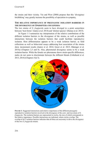 CHAPTER 9
216
the strains and their vicinity. Via and West (2008) propose that this ‘divergence
hitchhiking’ may greatly increase the possibility of speciation in sympatry.
THE RELATIVE IMPORTANCE OF PREZYGOTIC ISOLATION BARRIERS IN
THE DIVERGENCE OF SPODOPTERA FRUGIPERDA
The two strains of S. frugiperda seem to have diverged to a point somewhere
between ‘host forms’ (Juárez et al. 2014) and ‘distinct species’ (Dumas et al. 2015).
In Figure 1 I summarize my interpretation of the relative contributions of the
different isolation barriers to the divergence of the strains, as well as possible
interactions between the isolation barriers that could facilitate reproductive
isolation. Host differentiation appears to be a weak isolation barrier, as field
collections as well as behavioral assays addressing host association of the strains
show inconsistent results (Juárez et al. 2014; Groot et al. 2015; Hänniger et al.
2015a) (Chapters 2,3 and 8). Also, pheromonal divergence seems to be a weak
isolation barrier. While the female sex pheromone shows strain-specific differences,
males do not seem to discriminate between the different blends (Unbehend et al.
2013, 2014) (Chapters 4 & 5).
FIGURE 1. Suggested interactions and relative importance of the different prezygotic
reproductive isolation barriers involved in the divergence of the corn- and rice-strain of S.
frugiperda. The isolation barriers are represented in circles, the size of which corresponds to
the relative importance. Possible interactions are indictaed, where circles overlap. The
overlap of all 3 isolation barriers indicates that all three are necessary to drive the divergence
of the two S. frugiperda strains.
 