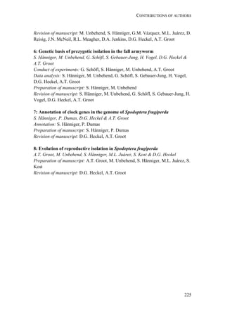 CONTRIBUTIONS OF AUTHORS
225
Revision of manuscript: M. Unbehend, S. Hänniger, G.M. Vázquez, M.L. Juárez, D.
Reisig, J.N. McNeil, R.L. Meagher, D.A. Jenkins, D.G. Heckel, A.T. Groot
6: Genetic basis of prezygotic isolation in the fall armyworm
S. Hänniger, M. Unbehend, G. Schöfl, S. Gebauer-Jung, H. Vogel, D.G. Heckel &
A.T. Groot
Conduct of experiments: G. Schöfl, S. Hänniger, M. Unbehend, A.T. Groot
Data analysis: S. Hänniger, M. Unbehend, G. Schöfl, S. Gebauer-Jung, H. Vogel,
D.G. Heckel, A.T. Groot
Preparation of manuscript: S. Hänniger, M. Unbehend
Revision of manuscript: S. Hänniger, M. Unbehend, G. Schöfl, S. Gebauer-Jung, H.
Vogel, D.G. Heckel, A.T. Groot
7: Annotation of clock genes in the genome of Spodoptera frugiperda
S. Hänniger, P. Dumas, D.G. Heckel & A.T. Groot
Annotation: S. Hänniger, P. Dumas
Preparation of manuscript: S. Hänniger, P. Dumas
Revision of manuscript: D.G. Heckel, A.T. Groot
8: Evolution of reproductive isolation in Spodoptera frugiperda
A.T. Groot, M. Unbehend, S. Hänniger, M.L. Juárez, S. Kost & D.G. Heckel
Preparation of manuscript: A.T. Groot, M. Unbehend, S. Hänniger, M.L. Juárez, S.
Kost
Revision of manuscript: D.G. Heckel, A.T. Groot
 