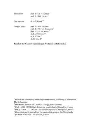 Promotores prof. dr. S.B.J. Menken 1
prof. dr. D.G. Heckel 2
Co-promotor dr. A.T. Groot 1,2
Overige leden prof. dr. A.M. de Roos 1
prof. dr. P.H. van Tienderen 1
prof. dr. P.C. de Ruiter 1
dr. E. d’Alençon 3, 4
dr. R.A. Hut 5
dr. G. Schöfl 6
Faculteit der Natuurwetenschappen, Wiskunde en Informatica
1
Institute for Biodiversity and Ecosystem Dynamics, University of Amsterdam,
The Netherlands
2
Max Planck Institute for Chemical Ecology, Jena, Germany
3
UM2 - UMR 1333 DGIMI, Université Montpellier 2, Montpellier, France
4
INRA - UMR 1333 DGIMI, Université Montpellier 2, Montpellier, France
5
Chronobiology Research Unit, University of Groningen, The Netherlands
6
DKMS Life Science Lab, Dresden, German
 