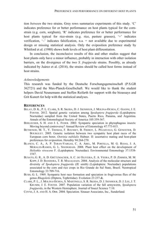 PREFERENCE AND PERFORMANCE ON DIFFERENT HOST PLANTS
51
tion between the two strains. Grey rows summarize experiments of this study. ‘C’
indicates preference for or better performance on host plants typical for the corn-
strain (e.g. corn, sorghum), ‘R’ indicates preference for or better performance for
host plants typical for rice-strain (e.g. rice, pasture grasses), ‘+’ indicates
verification, ‘–’ indicates falsification, n.a. = not available due to experimental
design or missing statistical analysis. Only the oviposition preference study by
Whitford et al. (1988) shows both levels of host plant differentiation.
In conclusion, the inconclusive results of this and other studies suggest that
host plants only have a minor influence, probably in interaction with other isolation
barriers, on the divergence of the two S. frugiperda strains. Possibly, as already
indicated by Juárez et al. (2014), the strains should be called host forms instead of
host strains.
Acknowledgements
This research was funded by the Deutsche Forschungsgemeinschaft (P.S.GR
362721) and the Max-Planck-Gesellschaft. We would like to thank the student
helpers David Neunemann and Steffen Reifarth for support with the bioassays and
Grit Kunert for help with the statistical analyses.
REFERENCES
BELAY, D. K., P. L. CLARK, S. R. SKODA, D. J. ISENHOUR, J. MOLINA-OCHOA, C. GIANNI, J. E.
FOSTER. 2012. Spatial genetic variation among Spodoptera frugiperda (Lepidoptera:
Noctuidae) sampled from the United States, Puerto Rico, Panama, and Argentina.
Annals of the Entomological Society of America 105:359-367.
BERLOCHER, S. H. AND J. L. FEDER. 2002. Sympatric speciation in phytophagous insects:
Moving beyond controversy? Annual Review of Entomology 47:773-815.
BETHENOD, M. T., Y. THOMAS, F. ROUSSET, B. FREROT, L. PELOZUELO, G. GENESTIER, D.
BOURGUET. 2005. Genetic isolation between two sympatric host plant races of the
European corn borer, Ostrinia nubilalis Hubner. II: assortative mating and host-plant
preferences for oviposition. Heredity 94:264-270.
BLANCO, C. A., A. P. TERAN-VARGAS, C. A. ABEL, M. PORTILLA, M. G. ROJAS, J. A.
MORALES-RAMOS, G. L. SNODGRASS. 2008. Plant host effect on the development of
Heliothis virescens F. (Lepidoptera: Noctuidae). Environmental Entomology 37:1538-
1547.
BUSATO, G. R., A. D. GRÜTZMACHER, A. C. DE OLIVEIRA, E. A. VIEIRA, P. D. ZIMMER, M. M.
KOPP, J. D. BANDEIRA, T. R. MAGALHAES. 2004. Analysis of the molecular structure and
diversity of Spodoptera frugiperda (JE smith) (Lepidoptera: Noctuidae) populations
associated to the corn and rice crops in Rio Grande do Sul State, Brazil. Neotropical
Entomology 33:709-716.
BUSH, G. L. 1969. Sympatric host race formation and speciation in frugivorous flies of the
genus Rhagoletis (Diptera, Tephritidae). Evolution 23:237-&.
CLARK, P. L., J. MOLINA-OCHOA, S. MARTINELLI, S. R. SKODA, D. J. ISENHOUR, D. J. LEE, J. T.
KRUMM, J. E. FOSTER. 2007. Population variation of the fall armyworm, Spodoptera
frugiperda, in the Western Hemisphere. Journal of Insect Science 7:10.
COYNE, J. A. AND H. A. ORR. 2004. Speciation. Sinauer Associates, Inc., Sunderland.
 