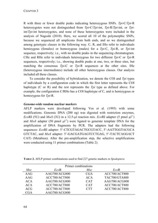 CHAPTER 3
64
R with three or fewer double peaks indicating heterozygous SNPs. Tpi-C/Tpi-R
heterozygotes were not distinguished from Tpi-C/Tpi-int, Tpi-R/Tpi-int, or Tpi-
int/Tpi-int heterozygotes, and none of these heterozygotes were included in the
analysis of Nagoshi (2010). Here, we scored all 10 of the polymorphic SNPs,
because we sequenced all amplicons from both ends, and so we distinguished
among genotypic classes in the following way. C, R, and IHo refer to individuals
hemizygous (females) or homozygous (males) for a Tpi-C, Tpi-R, or Tpi-int
sequence, respectively; i.e., with no double peaks in the sequencing chromatogram.
CHe and RHe refer to individuals heterozygous for two different Tpi-C or Tpi-R
sequences, respectively; i.e., showing double peaks at one, two, or three sites, but
matching the consensus Tpi-C or Tpi-R sequences at the other sites. IHe
(heterozygous intermediates) include all other heterozygous classes. Our analysis
included all these classes.
To consider the possibility of hybridization, we denote the COI and Tpi types
of individuals by a configuration code in which the first letter represents the COI
haplotype (C or R) and the rest represents the Tpi type as defined above. For
example, the configuration C/RHo has a COI haplotype of C, and is hemizygous or
homozygous for Tpi-R.
Genome-wide random nuclear markers
AFLP markers were developed following Vos et al. (1995) with some
modifications. Genomic DNA (200 ng) was digested with restriction enzymes,
EcoRI (5U) and MseI (3U) in a 12.5-µl reaction mix. EcoRI adapter (5 pmol µl-1
)
and MseI adapter (50 pmol µl-1
) were ligated to generate template DNA for the
amplification of DNA fragments by PCR. The adapters had the following
sequences: EcoRI adapter: 5’-CTCGTAGACTGCGTACC, 5’-AATTGGTACGCA
GTCTAC, and MseI adapter: 5’-GACGATGAGTCCTGAG, 5’-TACTCAGGACT
CAT) (Metabion). After the pre-amplification step, the selective amplifications
were conducted using 11 primer combinations (Table 2).
TABLE 2. AFLP primer combinations used to find 227 genetic markers in Spodoptera
Primer combinations
Mse EcoR Mse EcoR
AAG AAG700/ACG800 CGA ACC700/ACT800
AAG ACC700/ACT800 ACA TAC700/GTA800
ACA AAG700/ACG800 CAT AAG700/ACG800
ACA ACC700/ACT800 CAT ACC700/ACT800
ACG ACC700/ACT800 CTT ACC700/ACT800
CGA AAG700/ACG800
 
