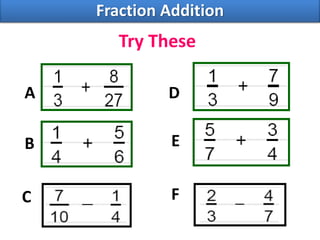 Try These
A
F
EB
C
D
Fraction Addition
 