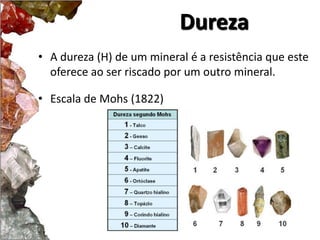Dureza
• A dureza (H) de um mineral é a resistência que este
  oferece ao ser riscado por um outro mineral.

• Escala de Mohs (1822)
 