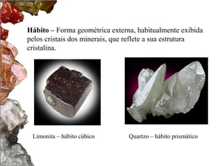 Hábito – Forma geométrica externa, habitualmente exibida
pelos cristais dos minerais, que reflete a sua estrutura
cristalina.




 Limonita – hábito cúbico       Quartzo – hábito prismático
 