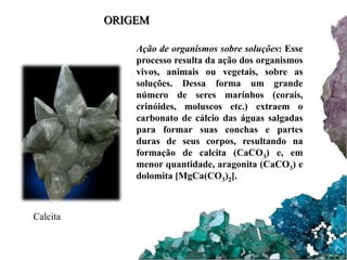 ORIGEM

              Ação de organismos sobre soluções: Esse
              processo resulta da ação dos organismos
              vivos, animais ou vegetais, sobre as
              soluções. Dessa forma um grande
              número de seres marinhos (corais,
              crinóides, moluscos etc.) extraem o
              carbonato de cálcio das águas salgadas
              para formar suas conchas e partes
              duras de seus corpos, resultando na
              formação de calcita (CaCO3) e, em
              menor quantidade, aragonita (CaCO3) e
              dolomita [MgCa(CO3)2].



Calcita
 