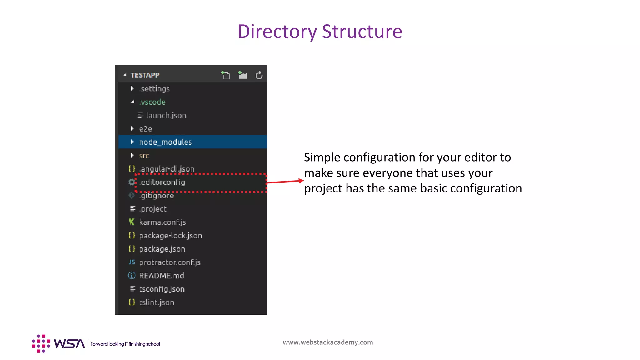 www.webstackacademy.com
Directory Structure
Simple configuration for your editor to
make sure everyone that uses your
project has the same basic configuration
 