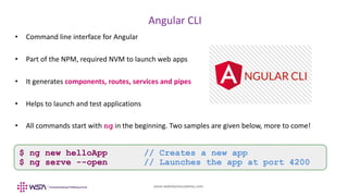 www.webstackacademy.com
BCD
Angular CLI
A
• Command line interface for Angular
• Part of the NPM, required NVM to launch web apps
• It generates components, routes, services and pipes
• Helps to launch and test applications
• All commands start with ng in the beginning. Two samples are given below, more to come!
$ ng new helloApp // Creates a new app
$ ng serve --open // Launches the app at port 4200
 