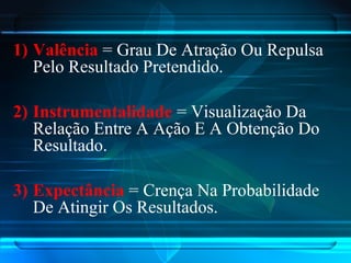 1) Valência = Grau De Atração Ou Repulsa
Pelo Resultado Pretendido.
2) Instrumentalidade = Visualização Da
Relação Entre A Ação E A Obtenção Do
Resultado.
3) Expectância = Crença Na Probabilidade
De Atingir Os Resultados.
 