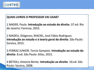 QUAIS LIVROS O PROFESSOR VAI USAR?
1 NADER, Paulo. Introdução ao estudo do direito. 37.ed. Rio
de Janeiro: Forense, 2015.
2 MADEU, Diógenes; MACIEL, José Fábio Rodrigues.
Introdução ao estudo e à teoria geral do direito. São Paulo:
Saraiva, 2015.
3 FERRAZ JUNIOR, Tercio Sampaio. Introdução ao estudo do
direito. 8.ed. São Paulo: Atlas, 2015.
4 BETIOLI, Antonio Bento. Introdução ao direito. 10.ed. São
Paulo: Saraiva, 2008.
 