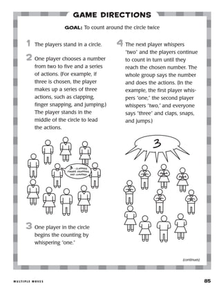 m u lt i p l e m o v e s 	 85
Game Directions
	1	 The players stand in a circle.
2	 One player chooses a number
from two to five and a series
of actions. (For example, if
three is chosen, the player
makes up a series of three
actions, such as clapping,
finger snapping, and jumping.)
The player stands in the
middle of the circle to lead
the actions.
3	 One player in the circle
begins the counting by
whispering “one.”
4	 The next player whispers
“two” and the players continue
to count in turn until they
reach the chosen number. The
whole group says the number
and does the actions. (In the
example, the first player whis-
pers “one,” the second player
whispers “two,” and everyone
says “three” and claps, snaps,
and jumps.)
GOAL: To count around the circle twice
(continues)
3-- CLAPPING,
FINGER SNAPPING,
AND JUMPING
3
 