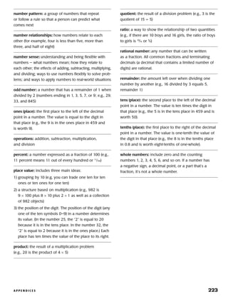 A P P E N D I C E S 	 223
number pattern: a group of numbers that repeat
or follow a rule so that a person can predict what
comes next
number relationships: how numbers relate to each
other (for example, four is less than five, more than
three, and half of eight)
number sense: understanding and being flexible with
numbers — what numbers mean; how they relate to
each other; the effects of adding, subtracting, multiplying,
and dividing; ways to use numbers flexibly to solve prob-
lems; and ways to apply numbers to real-world situations
odd number: a number that has a remainder of 1 when
divided by 2 (numbers ending in 1, 3, 5, 7, or 9; e.g., 29,
33, and 845)
ones (place): the first place to the left of the decimal
point in a number. The value is equal to the digit in
that place (e.g., the 9 is in the ones place in 459 and
is worth 9).
operations: addition, subtraction, multiplication,
and division
percent: a number expressed as a fraction of 100 (e.g.,
11 percent means 11 out of every hundred or 11
⁄100)
place value: includes three main ideas:
1) grouping by 10 (e.g, you can trade one ten for ten
ones or ten ones for one ten)
2) a structure based on multiplication (e.g., 982 is
9 × 100 plus 8 × 10 plus 2 × 1 as well as a collection
of 982 objects)
3) the position of the digit: The position of the digit (any
one of the ten symbols 0–9) in a number determines
its value. (In the number 25, the “2” is equal to 20
because it is in the tens place. In the number 32, the
“2” is equal to 2 because it is in the ones place.) Each
place has ten times the value of the place to its right.
product: the result of a multiplication problem
(e.g., 20 is the product of 4 × 5)
quotient: the result of a division problem (e.g., 3 is the
quotient of 15 ÷ 5)
ratio: a way to show the relationship of two quantities
(e.g., if there are 10 boys and 16 girls, the ratio of boys
to girls is 10
⁄16 or 5
⁄8)
rational number: any number that can be written
as a fraction. All common fractions and terminating
decimals (a decimal that contains a limited number of
digits) are rational.
remainder: the amount left over when dividing one
number by another (e.g., 16 divided by 3 equals 5,
remainder 1)
tens (place): the second place to the left of the decimal
point in a number. The value is ten times the digit in
that place (e.g., the 5 is in the tens place in 459 and is
worth 50).
tenths (place): the first place to the right of the decimal
point in a number. The value is one-tenth the value of
the digit in that place (e.g., the 8 is in the tenths place
in 0.8 and is worth eight-tenths of one-whole).
whole numbers: include zero and the counting
numbers 1, 2, 3, 4, 5, 6, and so on. If a number has
a negative sign, a decimal point, or a part that’s a
fraction, it’s not a whole number.
 