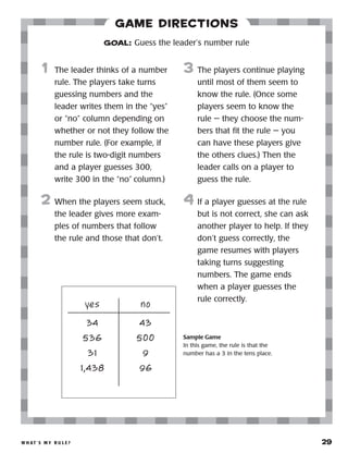 W h at ’ s M y R u l e ? 	 29
Game Directions
	1	 The leader thinks of a number
rule. The players take turns
guessing numbers and the
leader writes them in the “yes”
or “no” column depending on
whether or not they follow the
number rule. (For example, if
the rule is two-digit numbers
and a player guesses 300,
write 300 in the “no” column.)
2	 When the players seem stuck,
the leader gives more exam-
ples of numbers that follow
the rule and those that don’t.
3	 The players continue playing
until most of them seem to
know the rule. (Once some
players seem to know the
rule — they choose the num-
bers that fit the rule — you
can have these players give
the others clues.) Then the
leader calls on a player to
guess the rule.
4	 If a player guesses at the rule
but is not correct, she can ask
another player to help. If they
don’t guess correctly, the
game resumes with players
taking turns suggesting
numbers. The game ends
when a player guesses the
rule correctly.
GOAL: Guess the leader’s number rule
yes
34
536
31
1,438
no
43
500
9
96
	Sample Game	
In this game, the rule is that the
number has a 3 in the tens place.
 
