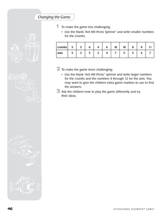 46	 A F T E R S C H O O L K I D Z M AT H ™ G A M E S
Changing the Game
1	 To make the game less challenging:
		 •	Use the blank “Ant Hill Picnic Spinner” and write smaller numbers
for the crumbs.
2	 To make the game more challenging:
		 •	Use the blank “Ant Hill Picnic” spinner and write larger numbers
for the crumbs and the numbers 4 through 12 for the ants. You
may want to give the children extra game markers to use to find
the answers.
3	 Ask the children how to play the game differently and try
their ideas.
	crumbs	 5	 5	 6	 4	 6	 10	 10	 8	 9	 11
	ants	 5	 2	 5	 2	 4	 7	 5	 5	 4	 7
 