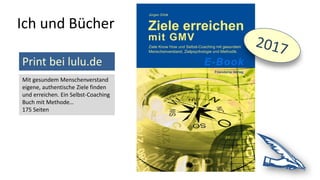 Ich und Bücher
Print bei lulu.de
Mit gesundem Menschenverstand
eigene, authentische Ziele finden
und erreichen. Ein Selbst-Coaching
Buch mit Methode…
175 Seiten
 