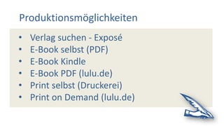 Produktionsmöglichkeiten
• Verlag suchen - Exposé
• E-Book selbst (PDF)
• E-Book Kindle
• E-Book PDF (lulu.de)
• Print selbst (Druckerei)
• Print on Demand (lulu.de)
 