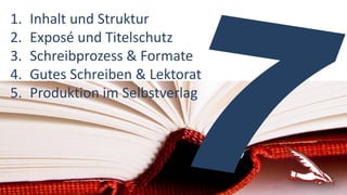 1. Inhalt und Struktur
2. Exposé und Titelschutz
3. Schreibprozess & Formate
4. Gutes Schreiben & Lektorat
5. Produktion im Selbstverlag
 