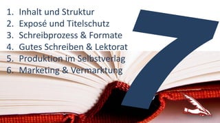 1. Inhalt und Struktur
2. Exposé und Titelschutz
3. Schreibprozess & Formate
4. Gutes Schreiben & Lektorat
5. Produktion im Selbstverlag
6. Marketing & Vermarktung
 