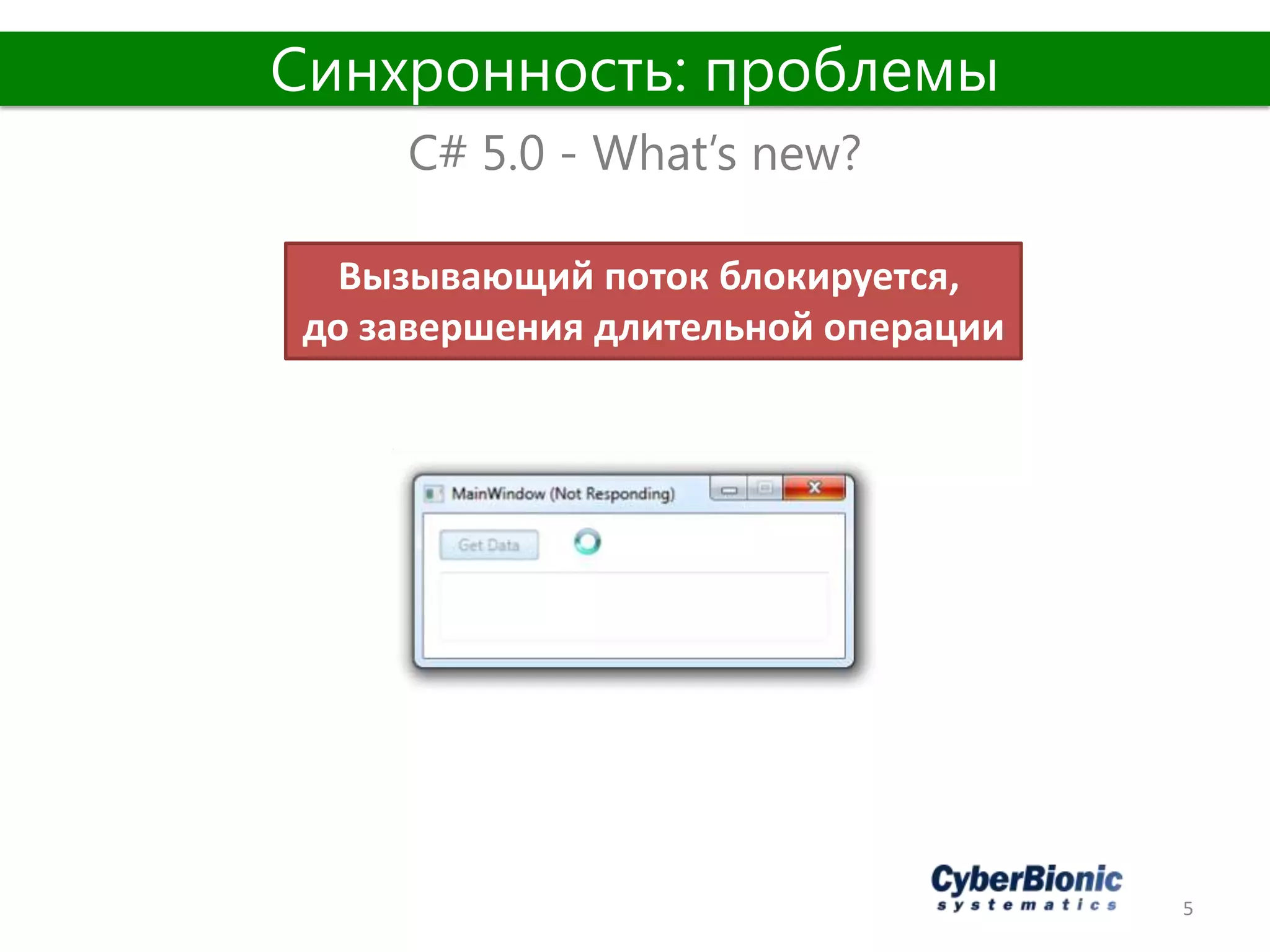 5
C# 5.0 - What’s new?
Синхронность: проблемы
Вызывающий поток блокируется,
до завершения длительной операции
 