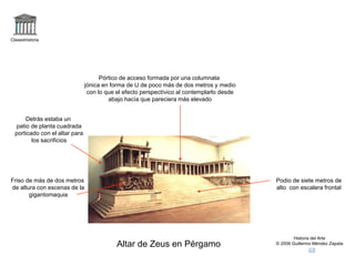 Claseshistoria 
Podio de siete metros de 
alto con escalera frontal 
Historia del Arte 
© 2006 Guillermo Altar de Zeus en Pérgamo Méndez Zapata 
Friso de más de dos metros 
de altura con escenas de la 
gigantomaquia 
Pórtico de acceso formada por una columnata 
jónica en forma de U de poco más de dos metros y medio 
con lo que el efecto perspectívico al contemplarlo desde 
abajo hacía que pareciera más elevado 
Detrás estaba un 
patio de planta cuadrada 
porticado con el altar para 
los sacrificios 
 