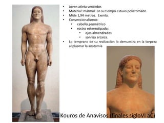 • Joven atleta vencedor. 
• Material: mármol. En su tiempo estuvo policromado. 
• Mide 1,94 metros. Exenta. 
• Convencionalismos: 
• cabello geométrico 
• rostro estereotipado: 
• ojos almendrados 
• sonrisa arcaica. 
• Lo temprano de su realización lo demuestra en la torpeza 
al plasmar la anatomía 
Kouros de Anavisos (finales sigloVI aC) 
 
