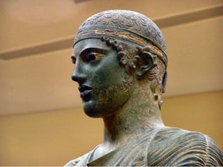 EL AURIGA DE DELFOS (de transición, estilo severo) 
original de 1,80 metros de altura 
que tiene la rara particularidad de 
conservar los ojos. 
 