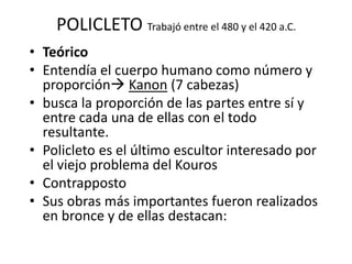POLICLETO Trabajó entre el 480 y el 420 a.C. 
• Teórico 
• Entendía el cuerpo humano como número y 
proporción Kanon (7 cabezas) 
• busca la proporción de las partes entre sí y 
entre cada una de ellas con el todo 
resultante. 
• Policleto es el último escultor interesado por 
el viejo problema del Kouros 
• Contrapposto 
• Sus obras más importantes fueron realizados 
en bronce y de ellas destacan: 
 