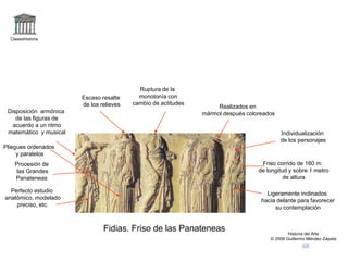 Claseshistoria 
Historia del Arte 
© 2006 Guillermo Méndez Zapata 
Fidias. Friso de las Panateneas 
Friso corrido de 160 m. 
de longitud y sobre 1 metro 
de altura 
Ruptura de la 
monotonía con 
cambio de actitudes 
Realizados en 
mármol después coloreados 
Ligeramente inclinados 
hacia delante para favorecer 
su contemplación 
Pliegues ordenados 
y paralelos 
Procesión de 
las Grandes 
Panateneas 
Escaso resalte 
de los relieves 
Disposición armónica 
de las figuras de 
acuerdo a un ritmo 
matemático y musical Individualización 
de los personajes 
Perfecto estudio 
anatómico, modelado 
preciso, etc. 
 