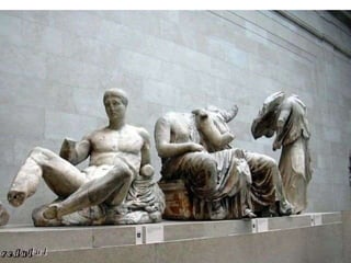 LOS FRONTONES DEL PARTENON 
• Temas relacionados con Atenas: 
– nacimiento de Atenea en el frontón oriental 
– la lucha entre Atenea y Poseidón por la posesión del Ática, en el 
frontón occidental. 
• Grandes dimensiones de los frontones (30 metros de largo, 
3,50 de altura máxima y casi un metro de profundidad) 
• Más de 20 figuras para cada uno 
• Se adaptan al marco de manera natural. 
• Técnica de paños mjados 
• movimiento 
• Naturalismo 
• Composiciones dinámicas 
 