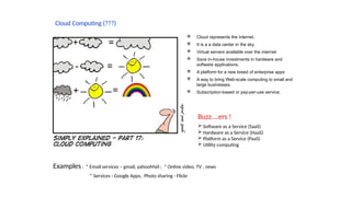 Cloud Computing (???)
 Cloud represents the internet.
 It is a a data center in the sky.
 Virtual servers available over the internet
 Save in-house investments in hardware and
software applications.
 A platform for a new breed of enterprise apps
 A way to bring Web-scale computing to small and
large businesses.
 Subscription-based or pay-per-use service.
Buzz….ers !
 Software as a Service (SaaS)
 Hardware as a Service (HaaS)
 Platform as a Service (PaaS)
 Utility computing
Examples : * Email services – gmail, yahooMail ; * Online video, TV , news
* Services - Google Apps, Photo sharing - Flickr
 