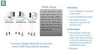 Public Cloud Advantages:
• Free or offered on a pay-per-
usage model.
• Easy and inexpensive setup.
• No wasted resources
because you pay for only
what you use.
Disadvantages:
• Data security and privacy
issues. You may not know
where your data is stored, if
or how it is backed up, and
whether access is given to
unauthorized users.
• Reliability.
Amazon, Google, Microsoft are the most
known Public Cloud Service providers.
 