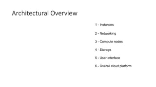 Architectural Overview
1 - Instances
2 - Networking
3 - Compute nodes
4 - Storage
5 - User interface
6 - Overall cloud platform
 