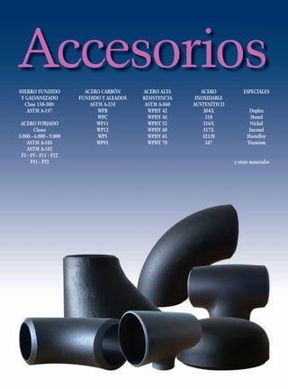 Accesorios
HIERRO FUNDIDO
Y GALVANIZADO
Clase 150-300:
ASTM A-197
ACERO FORJADO
Clases
3.000 - 6.000 - 9.000
ASTM A-105
ASTM A-182
F5 - F9 - F11 - F22
F91 - F92

ACERO CARBÓN
FUNDIDO Y ALEADOS
ASTM A-234
WPB
WPC
WP11
WP12
WP5
WP91

ACERO ALTA
RESISTENCIA
ASTM A-860
WPHY 42
WPHY 46
WPHY 52
WPHY 60
WPHY 65
WPHY 70

ACERO
INOXIDABLE
AUSTENÍTICO
304/L
310
316/L
317/L
321/H
347

ESPECIALES
Duplex
Monel
Nickel
Inconel
Hastelloy
Titanium
y otros materiales

 