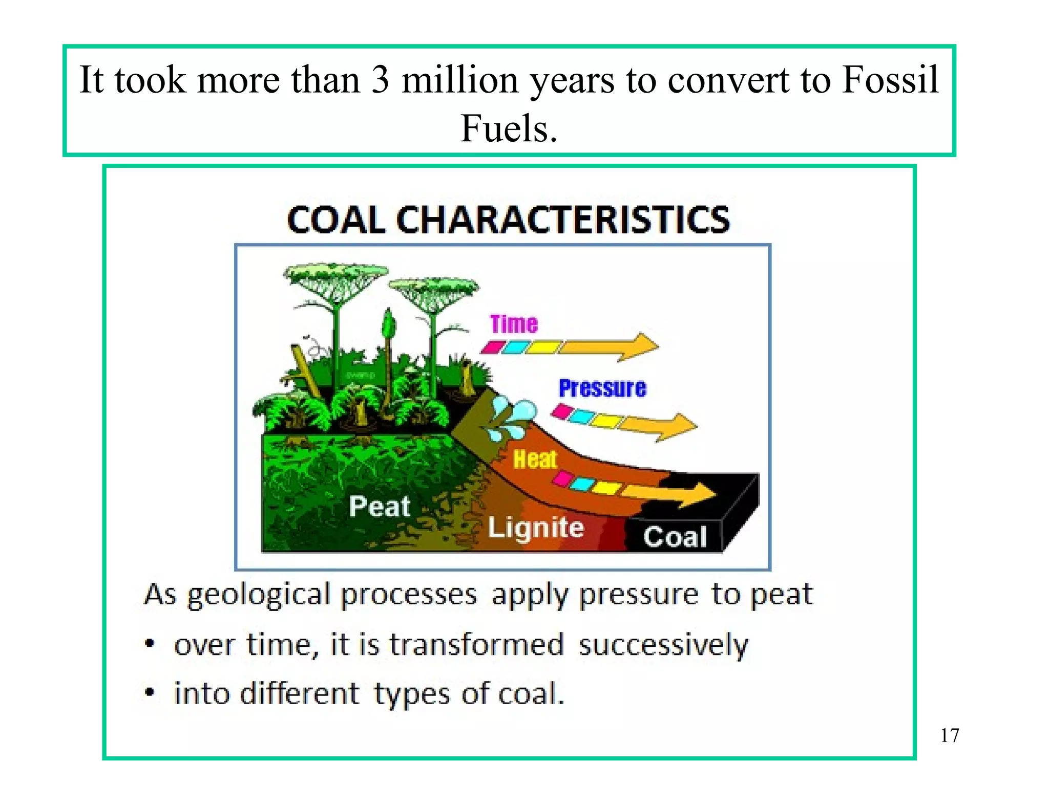 17
It took more than 3 million years to convert to Fossil
Fuels.
 