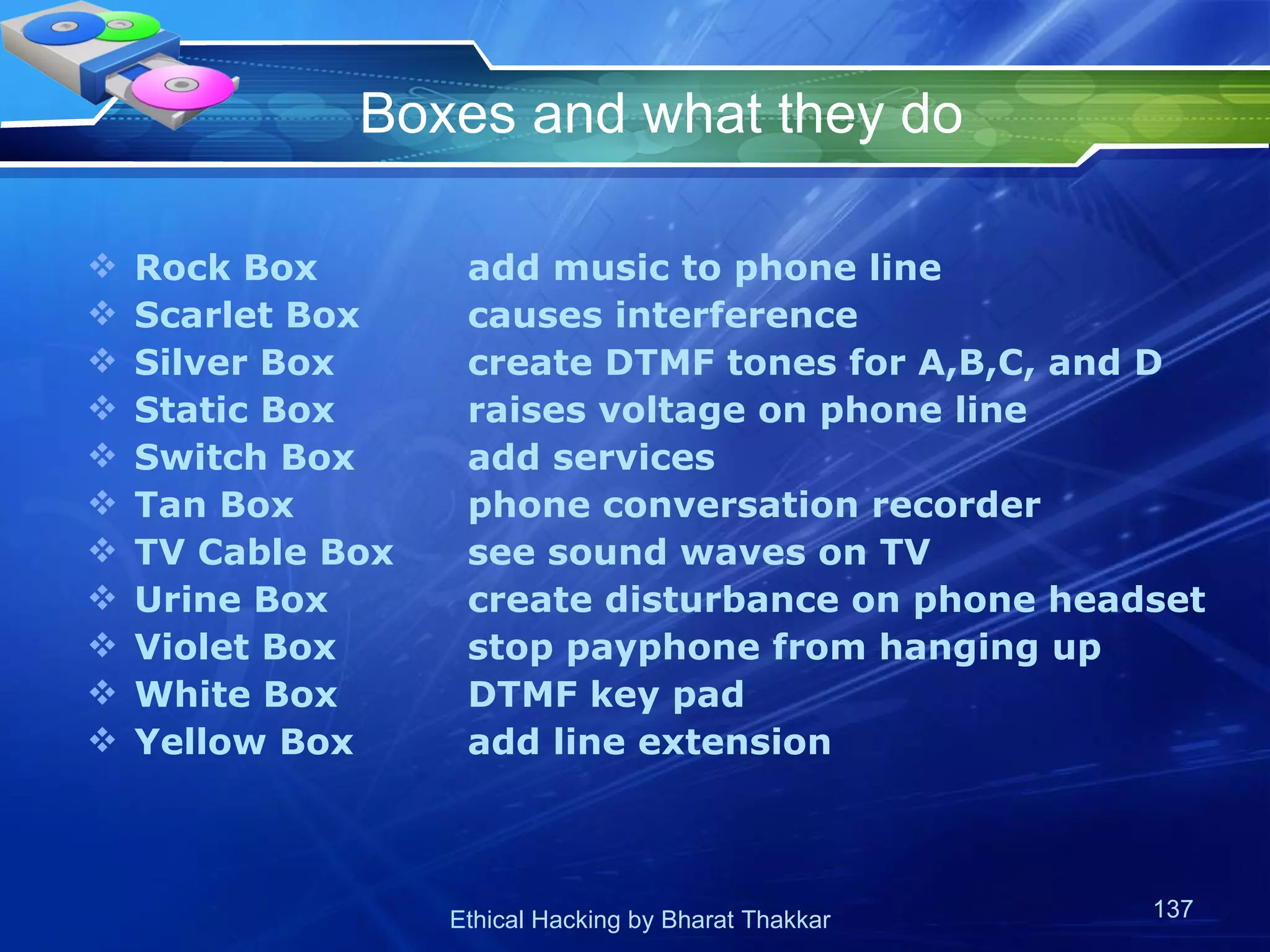 Boxes and what they do Rock Box add music to phone line Scarlet Box causes interference Silver Box create DTMF tones for A,B,C, and D Static Box raises voltage on phone line Switch Box add services  Tan Box phone conversation recorder TV Cable Box see sound waves on TV Urine Box create disturbance on phone headset Violet Box stop payphone from hanging up White Box DTMF key pad  Yellow Box add line extension  