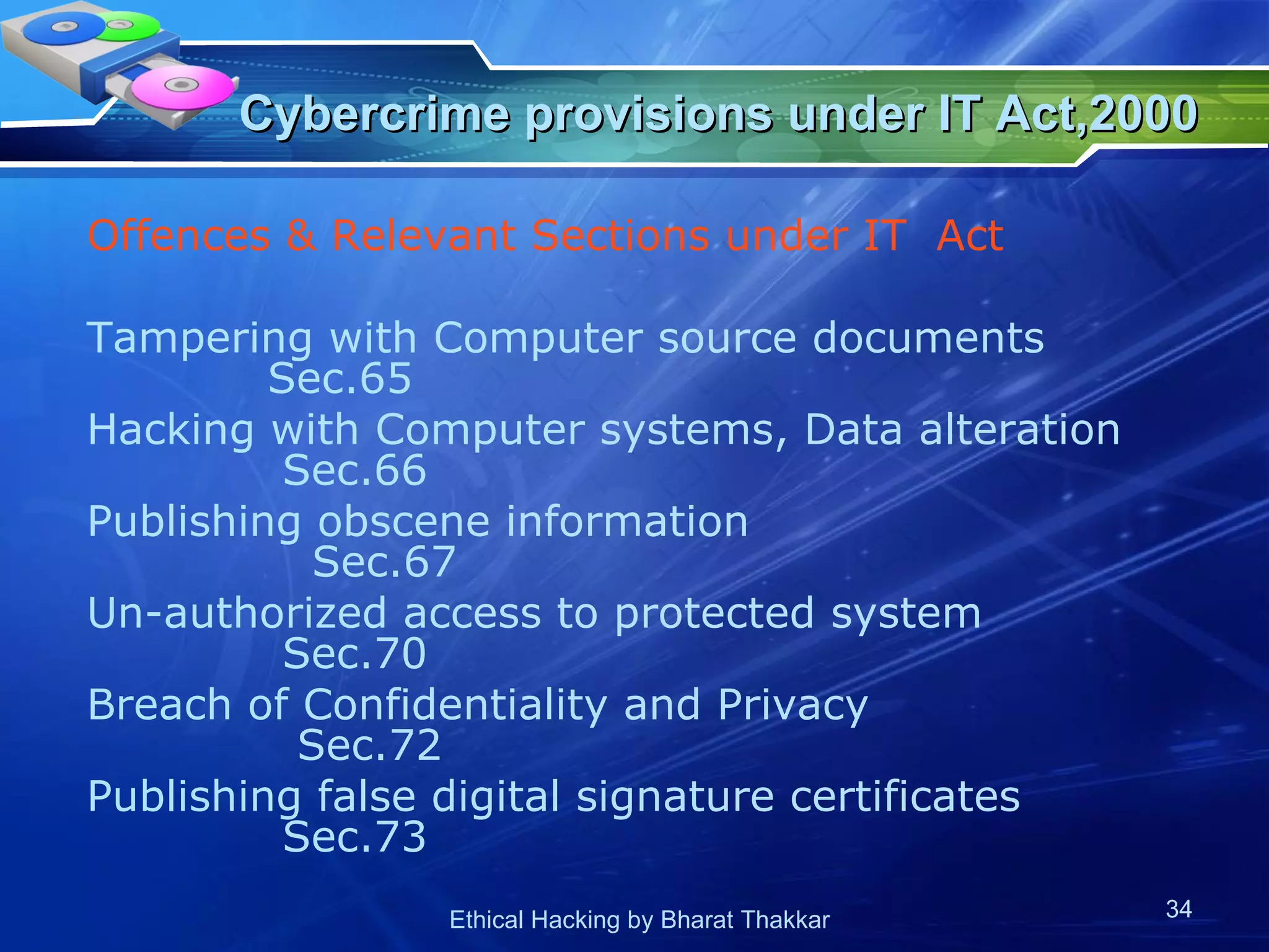 Cybercrime provisions under IT Act,2000   Offences & Relevant   Sections under IT  Act Tampering with Computer source documents  Sec.65 Hacking with Computer systems, Data alteration  Sec.66 Publishing obscene information  Sec.67 Un-authorized access to protected system  Sec.70  Breach of Confidentiality and Privacy  Sec.72 Publishing false digital signature certificates  Sec.73 