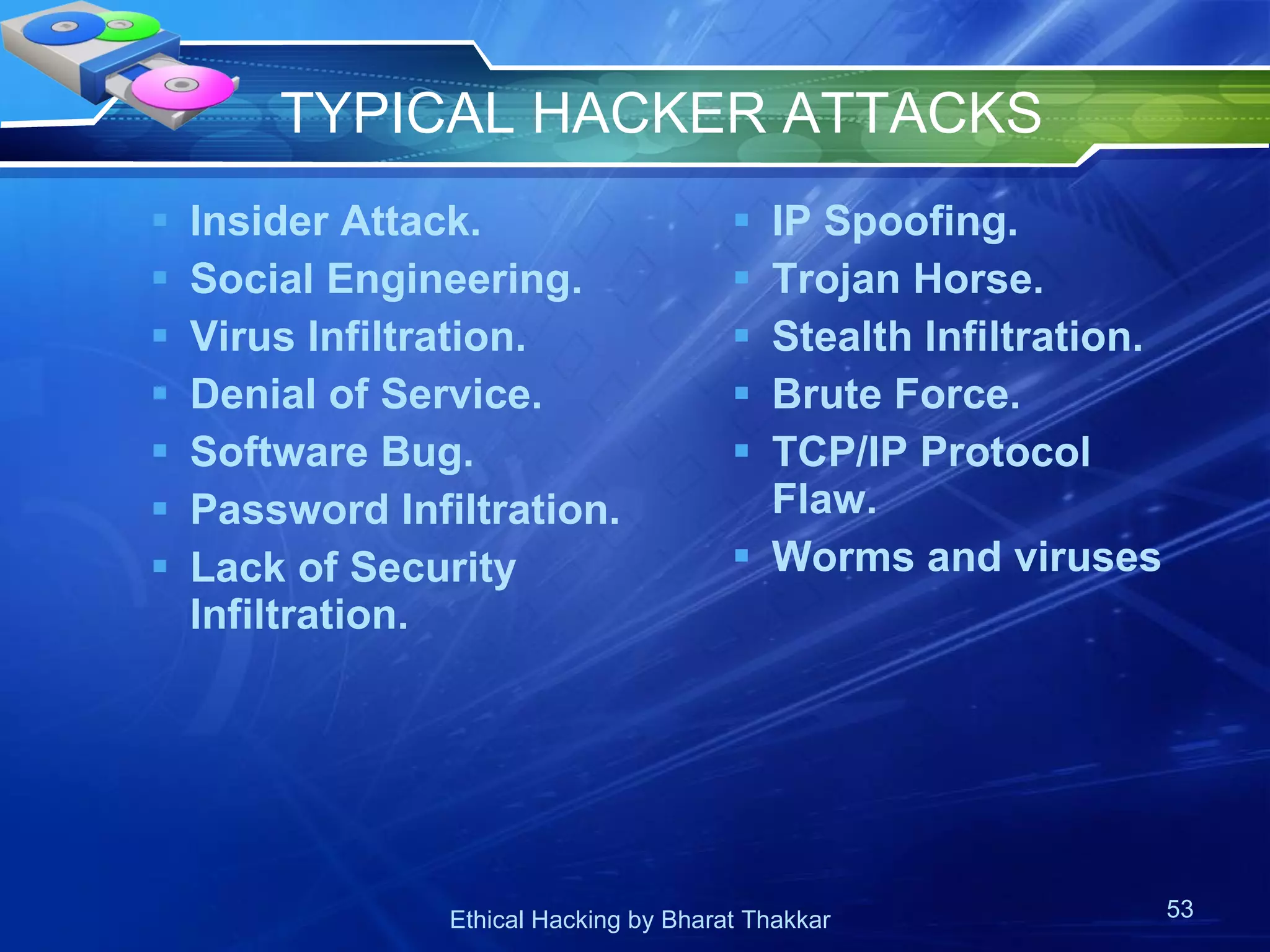 TYPICAL HACKER ATTACKS Insider Attack. Social Engineering. Virus Infiltration. Denial of Service. Software Bug. Password Infiltration. Lack of Security Infiltration. IP Spoofing. Trojan Horse. Stealth Infiltration. Brute Force. TCP/IP Protocol Flaw. Worms and viruses 