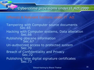 Cybercrime provisions under IT Act,2000   Offences & Relevant   Sections under IT  Act Tampering with Computer source documents  Sec.65 Hacking with Computer systems, Data alteration  Sec.66 Publishing obscene information  Sec.67 Un-authorized access to protected system  Sec.70  Breach of Confidentiality and Privacy  Sec.72 Publishing false digital signature certificates  Sec.73 