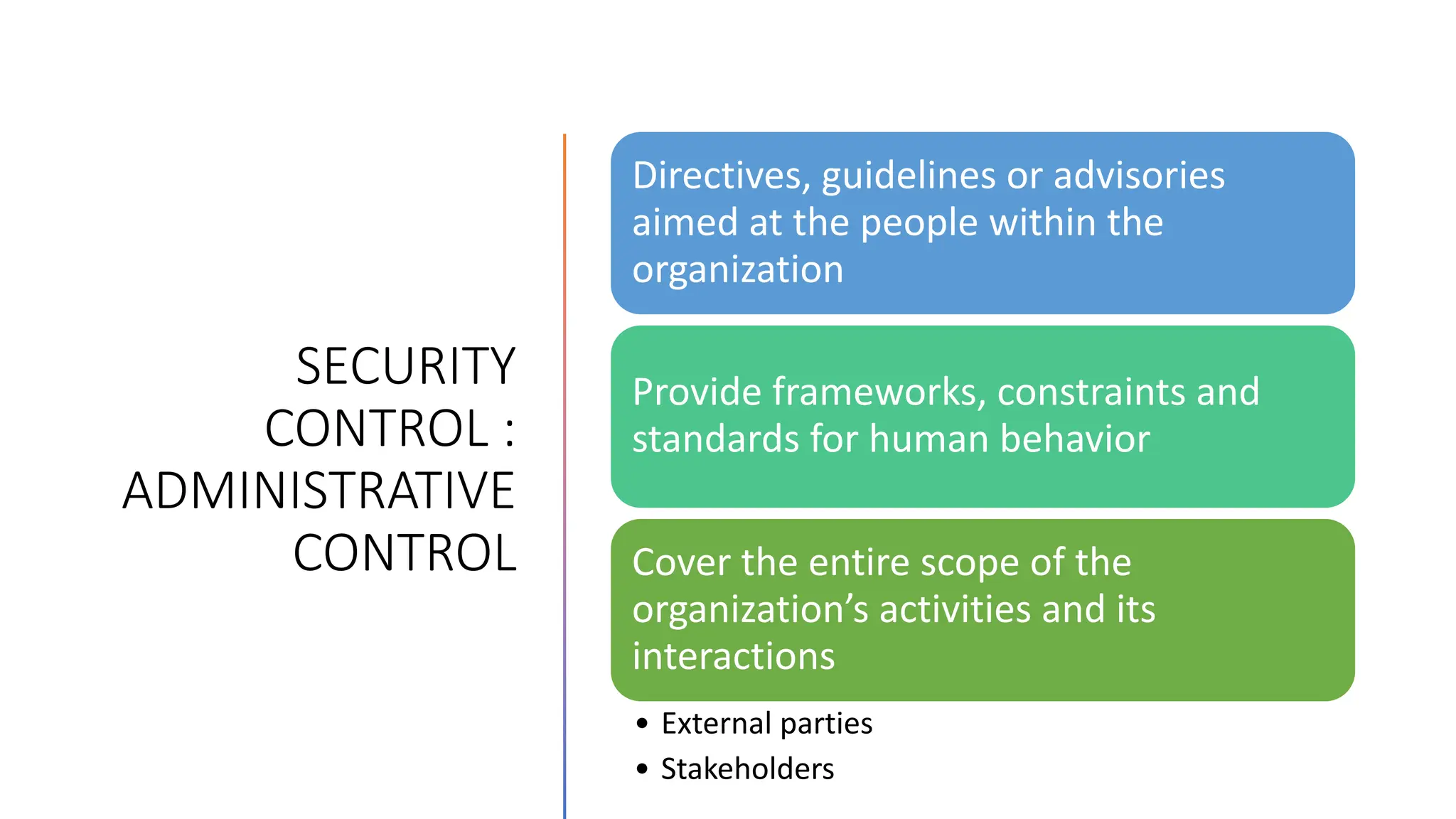 SECURITY
CONTROL :
ADMINISTRATIVE
CONTROL
Directives, guidelines or advisories
aimed at the people within the
organization
Provide frameworks, constraints and
standards for human behavior
Cover the entire scope of the
organization’s activities and its
interactions
• External parties
• Stakeholders
 