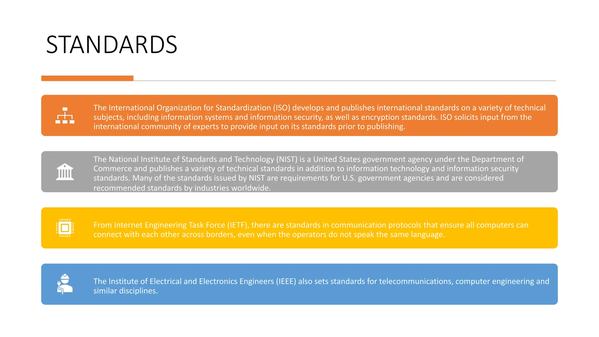 STANDARDS
The International Organization for Standardization (ISO) develops and publishes international standards on a variety of technical
subjects, including information systems and information security, as well as encryption standards. ISO solicits input from the
international community of experts to provide input on its standards prior to publishing.
The National Institute of Standards and Technology (NIST) is a United States government agency under the Department of
Commerce and publishes a variety of technical standards in addition to information technology and information security
standards. Many of the standards issued by NIST are requirements for U.S. government agencies and are considered
recommended standards by industries worldwide.
From Internet Engineering Task Force (IETF), there are standards in communication protocols that ensure all computers can
connect with each other across borders, even when the operators do not speak the same language.
The Institute of Electrical and Electronics Engineers (IEEE) also sets standards for telecommunications, computer engineering and
similar disciplines.
 