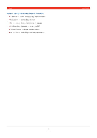 ESKER                                                                            WHITE P A PER



Frente a los d e p arta m entos internos d e c orre o:
     A us e n c i a d e c ost e s d e e q ui p os y m a nt e nimi e nt o

     R e d u c c ió n d e c ost e s d e p e rso n a l

     Sin n e c e si d a d d e m a nt e nimi e nt o d e e q ui p o

     N o tiﬁ c a c ió n d e l e st a d o e n e l sist e m a SA P

     Vist a pr e limin a r a nt e s d e l pro c e s a mi e nt o

     Sin n e c e si d a d d e r e pro gr a m a c ió n p e rso n a liz a d a




                                                                              12
 