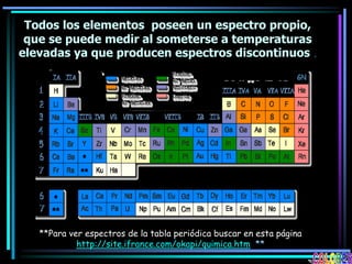 **Para ver espectros de la tabla periódica buscar en esta página
http://site.ifrance.com/okapi/quimica.htm **
Todos los elementos poseen un espectro propio,
que se puede medir al someterse a temperaturas
elevadas ya que producen espectros discontinuos .
 