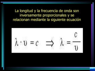 La longitud y la frecuencia de onda son
inversamente proporcionales y se
relacionan mediante la siguiente ecuación
 