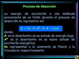 Proceso de Absorción
La energía de excitación a una molécula
proveniente de un fotón durante el proceso de
absorción se representa así:
A + hn  A*  A + calor
donde:
A es el absorbente en su estado de energía bajo,
A* es el absorbente en su nuevo estado de
excitación energética
hn representan a la constante de Planck y la
frecuencia respectivamente
 