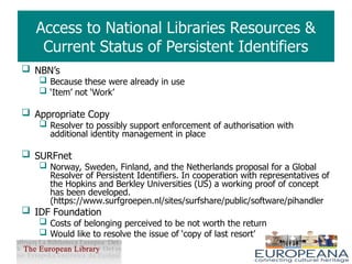 Support Chapter Identifiers Access to National Libraries and Persistent Identifiers in European ...